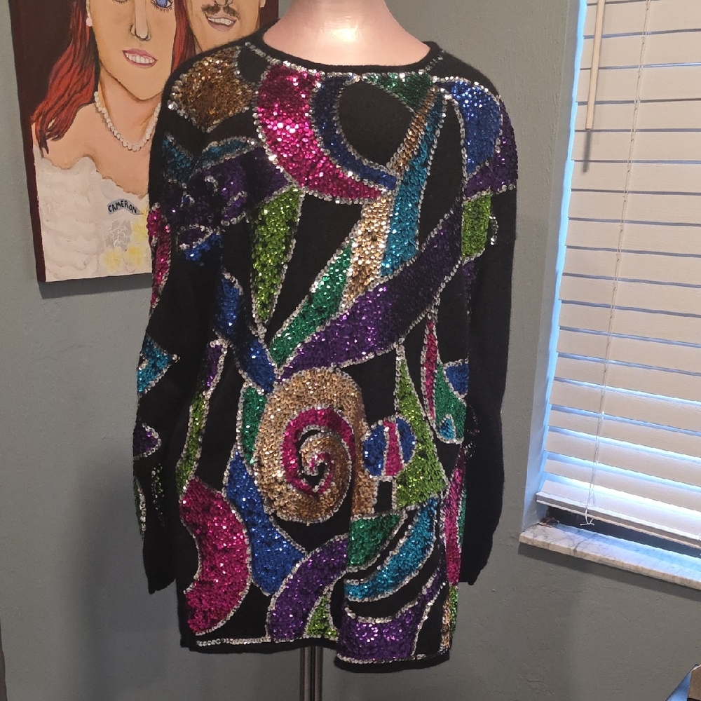 Graphic Black Bold Sweater Sequins Vintage 90s Party Holiday New Years Eve